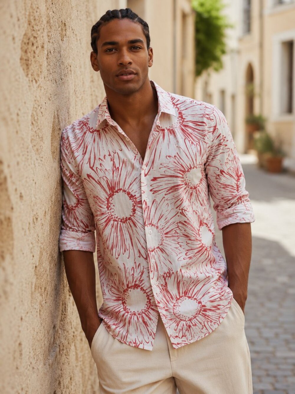 ZARA Man Off White Red Floral Button Down Shirt M Casual Streetwear Summer